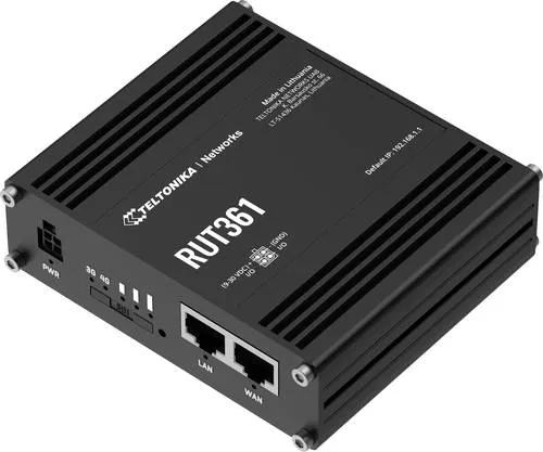 TELTONIKA RUT361 4G LTE Router - Schwarz - Router für Mobilfunknetz mit bis zu 300 Mbit/s, ideal für IoT-Lösungen in rauen Umgebungen. Robustes Design mit 4 externen Antennen und Sicherheitsfunktionen für unterbrechungsfreie Netzwerke.