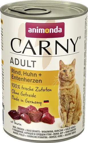 Animonda Carny Adult Rind Huhn + Entenherzen 400 g - Katzenfutter mit hochwertigem Rind, Huhn und herzhaften Entenherzen, für eine ausgewogene Ernährung und gesunde Vitalität Ihrer Katze.