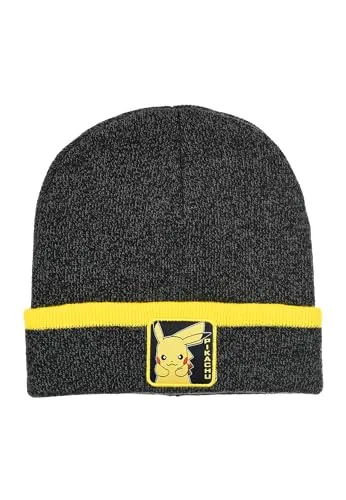 Pokémon Mütze Kinder Jungen – Pikachu Beanie mit Umschlag – Warme Wintermütze aus Strick (DE/NL/SE/PL, Numerisch, 52, Schwarz)