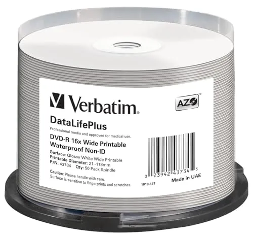 Verbatim 43734 DVD-R Rohling 4.7GB - 50 St. Spindel bedruckbar - Rohlinge mit wasserabweisender, glänzender Oberfläche, ideal für Tintenstrahldrucker, perfekt für individuelle Beschriftungen.