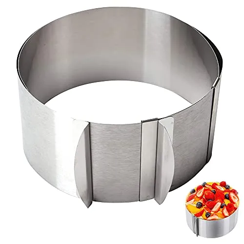Kalsey Kuchenring Rund, Tortenring Rund Verstellbarer, Dessertringe, Edelstahl Kuchenring, Ersatz ideal für Tortenkreationen, Ausziehbar Durchmesser von 16 bis 30 cm, Silber