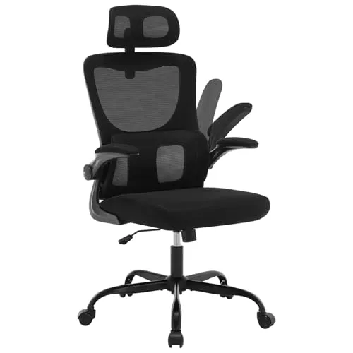 WOLTU Bürostuhl ergonomisch, Schreibtischstuhl mit Schaukelfunktion, Verstellbare Kopfstütze, umkehrbare Armlehnen, Lendenwirbelstütze Arbeitsstuhl für Büro, Bürostühle 150 kg, Schwarz