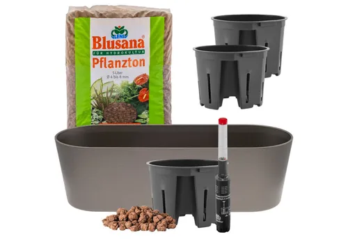 LENI Jardiniere Blumentopf länglich Pflanzkasten 36 cm lang Kräuter & Zimmerpflanzen (Komplettes Starter Set Selbstbewässerungstopf, mit 3 x Kulturtopf, 1 x Wasserstandsanzeiger, 5l Pflanzton), Übertopf ohne Loch für Hydrokultur & Erde, perfekt als Kräuter-Topf