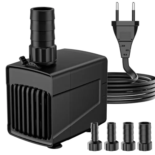 Aquarium Pumpe 25W 1500L/H, Ultra Leise Mini Teichpumpe mit 4 Düsen (13/16/19/22mm), Brunnenpumpe Klein mit Regelventil &1.85m Kabel für Teich, Brunnen, Aquarium, Statuen