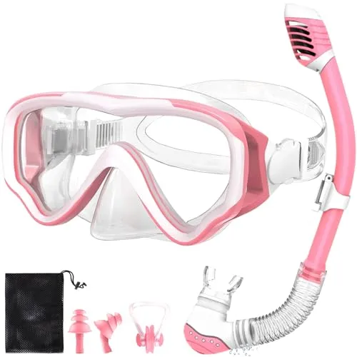 Schnorchelset Kinder, Tauchset Taucherbrille Kinder mit 180° Panorama HD Sicht, Anti-Nebel & Anti-Leckage, Strapazierfähiges Sicherheitsglas (Hellrosa)