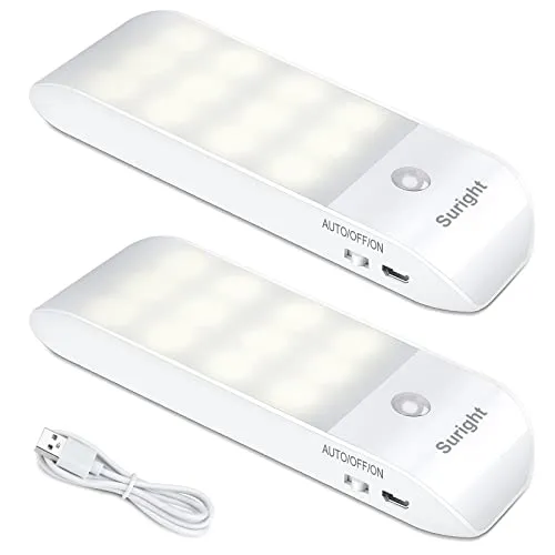 Suright LED Nachtlicht mit Bewegungsmelder - 2 Stück aufladbar USB - Nachtlichter mit 3 Modi (AUTO/EIN/AUS), 4000K warmweißes Licht, ideal für Kinderzimmer, Badezimmer und Flure. Energiesparend mit USB-Ladung und langer Lebensdauer von bis zu 80.000 Stunden.