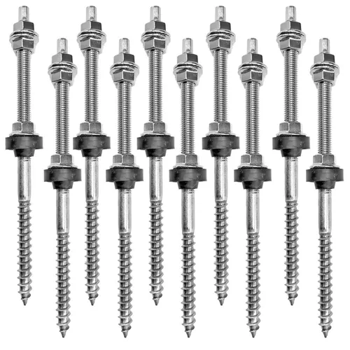 10er-Set Stockschraube M12 x 200 montiert A2 + Flanschmutter Dachhaken Edelstahl