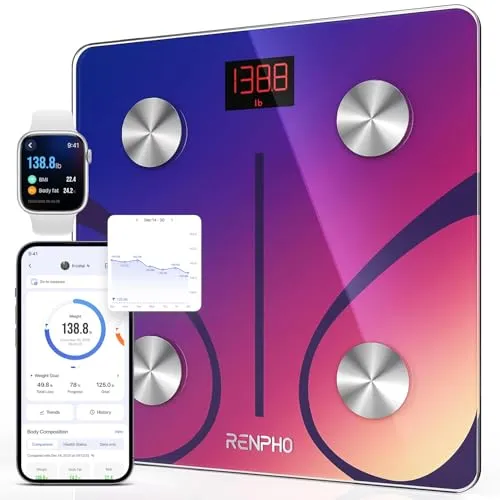 RENPHO Personenwaagen Körperfettwaage Digital Waage mit App, Bluetooth | Körperanalysewaage Smart Waage für Körperfett, BMI, Muskelmasse, Protein, BMR, Rot, Elis 1