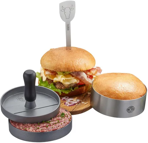 Burger-Set BBQ, 3-teilig - Grillzubehör für deinen perfekten Burger, 100% selbstgemacht – inklusive Burgerpresse und Grillwerkzeugen für ein unvergessliches BBQ-Erlebnis!
