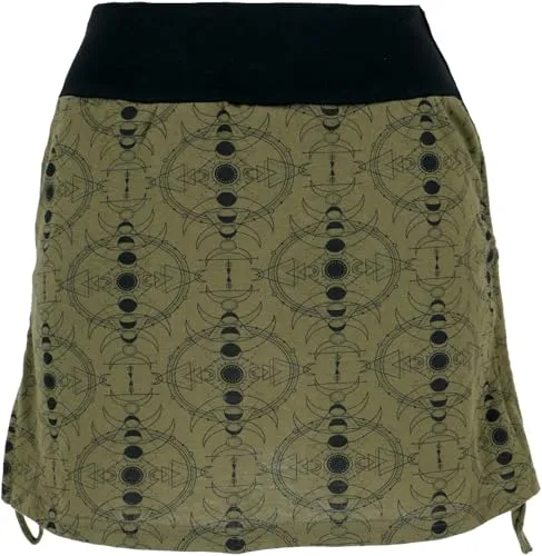 GURU SHOP Minirock, Yogarock zum Raffen mit Pschodelischem Druck - Olivgrün, Damen, Baumwolle, Size:S/M