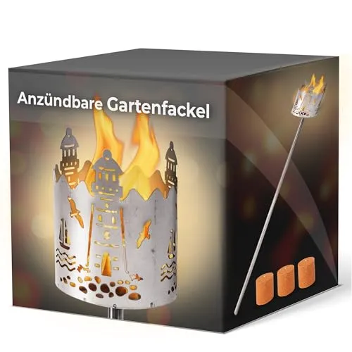 Gartenfackel Leuchtturm Motiv mit 3 Brennelementen in gelb von Novaliv