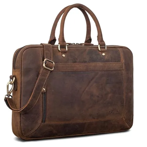 ROYALZ 'Lincoln' Vintage Business Tasche Herren & Damen Leder 15,6 Zoll Laptoptasche - Ledertasche Groß Aktentasche Arbeitstasche Messenger Bag mit Henkel Echtleder, Farbe:Nevada braun