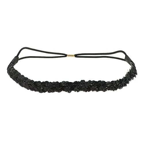 Schwarzes Sequin Damen Haarband - Dünnes elastisches Hairband Einheitsgröße - Headband für die Hochzeitsfrisur oder Strass Pailletten Party - Glänzendes Stirnband Look Boho Hippie
