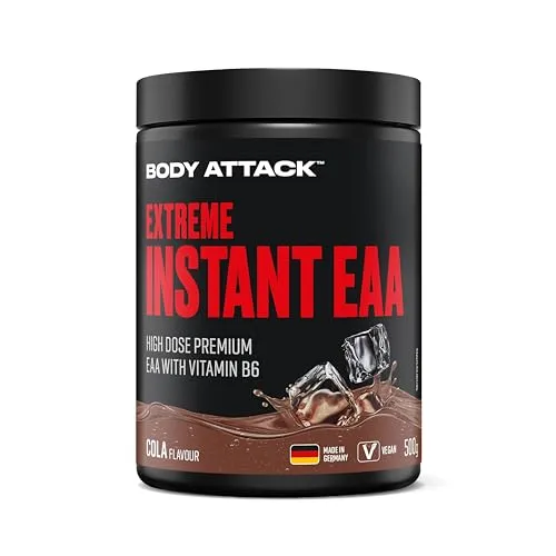 Body Attack Extreme Instant EAA - Cola Geschmack - Sportnahrung mit allen 8 essentiellen Aminosäuren und Vitamin B6, ideal für Vegetarier und Veganer, sehr gut löslich für schnelle Zubereitung.
