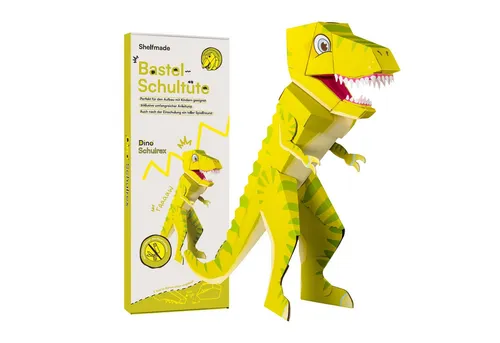 shelfmade Schultüte Drache & Dino Schulrex, selbststehend - Schultüten zum selber basteln, leuchtendes Gelb und selbststehendes Design, perfekt für den Schulanfang