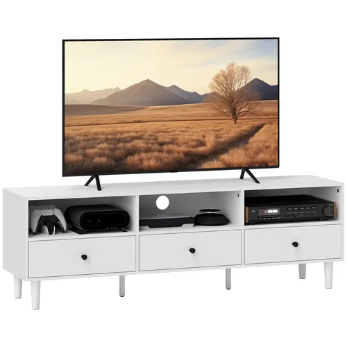Homcom TV Schrank, Weiß, 140x45x34 cm - TV-Halterungen: Moderner Homcom TV Schrank für Fernseher bis 75 Zoll mit Kabelmanagement und viel Stauraum für Medien und Gaming-Zubehör.