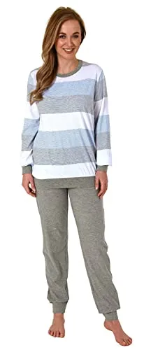 Damen Pyjama mit Bündchen Schlafanzug in Blockstreifenoptik - auch in Übergrössen, Farbe:hellblau, Größe:36-38