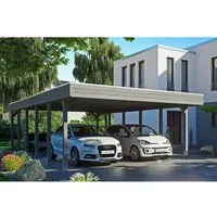 Doppelcarport SKAN HOLZ Friesland mit Aluminium-Dachplatten - Gartenhäuser, Geräteschuppen & Carports - Robustes Flachdach aus Holz, inkl. H-Pfostenanker für hohe Stabilität und Langlebigkeit.