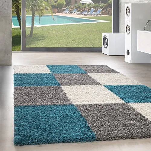 SIMPEX Shaggy Teppich Wohnzimmer Kariert Türkis 80 x 250 cm - Erleben Sie ultimativen Komfort mit unserem karierten Shaggy Teppich. Extra weich und pflegeleicht, ideal für Wohnzimmer und Flur. Bringen Sie Farbe und Stil in Ihr Zuhause!