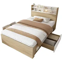Holz-Einzelbett 90x200 Weiß/Eiche, zweifarbiges Bett mit Kopfteil-Ablage, 2 Schubladen+offenen Fächern,teilweise Massivholz,praktisches Stauraumbett