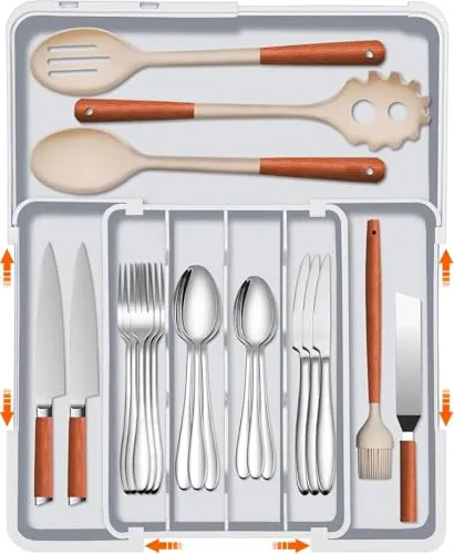 ZHUlYIWIN Besteckkasten für Schubladen, verstellbarer Schubladen Organizer Küche mit 2 Messerhalter, Erweiterbarer Besteckeinsatz für Schubladen Cutlery Organizer Kücheaus aus Kunststoff (Grau-X)