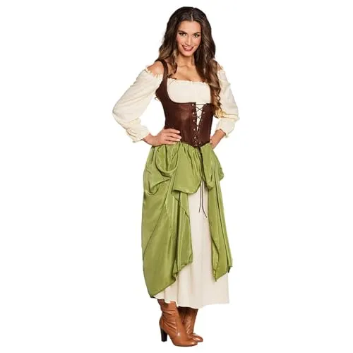 Boland Mittelalterliche Schankwirtin Damenkostüm in Beige-Braun-Grün - Sensationelles Mittelalter-Damenkostüm mit eleganter Bluse, Rock und braunem Korsett. Ideal für Karneval und Mottopartys – verwandeln Sie sich in eine charmante Schankwirtin!