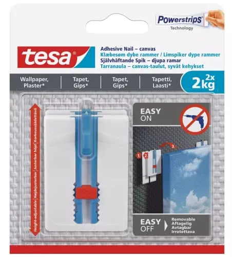 tesa Powerstrips Haken zum Leinwand Aufhängen, Verstellbarer Klebenagel für Tapeten & Putz, Nagel Selbstklebend für Haus-Deko, statt Zimmer-Deko Bilderhaken Klebehaken, Wiederverwendbar max. 2kg