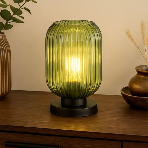 LED Tischlampe mit Vintage Flair, schwarz-grün - Tischleuchte aus Metall und grünem Glas, ideal für Wohnzimmer und Schlafzimmer. Sie schafft eine gemütliche Atmosphäre mit warmweißem Licht und hat einen praktischen Wippschalter.