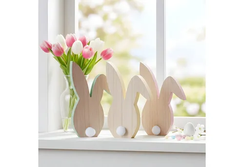 Levandeo® Osterhase, 3er Set Hase H22cm Holz Silhouette Gelb Rosa Grün Osterhase