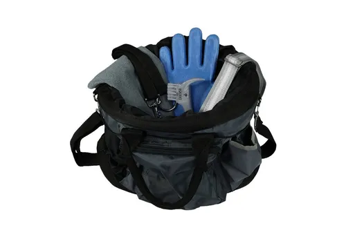EQuest Putztasche Grooming Bag befüllt - Grau - Vielseitige Putztasche für Pferdepflege, wasserabweisend und mit zahlreichen Fächern für alle Utensilien im Stallalltag.