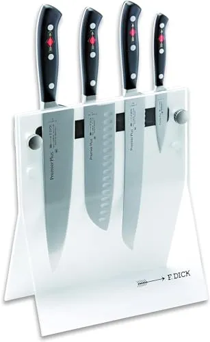 F. DICK Premier Plus Messer-Set 4Knives - 4-teiliges Messerset mit hochwertigem Acrylglas-Messerblock, der platzsparendes Design und ergonomische Griffe bietet. Perfekt für Hobbyköche, die Wert auf Qualität legen.