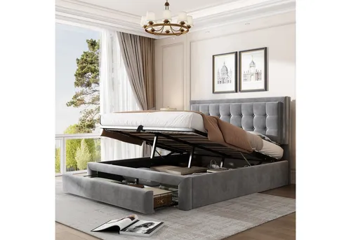 autolock Polsterbett hydraulisches Doppelbett Stauraumbett mit Bettkasten & Schubladen (140 x 200 cm), Lattenrost Samtstoff für Kinder, Jugendliche und Erwachsene