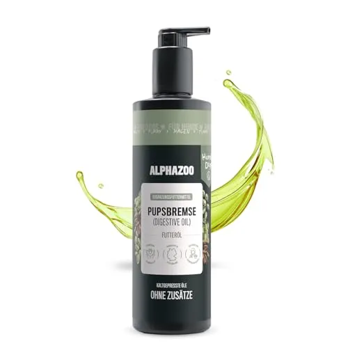 alphazoo Pupsbremse Futteröl für Hunde 500ml - aus Lein-, Hanf- & Kürbiskernöl. Reich an ungesättigten Fettsäuren & leicht dosierbar. Unterstützt sanft Verdauung, Magen-Darm-Balance & Wohlbefinden