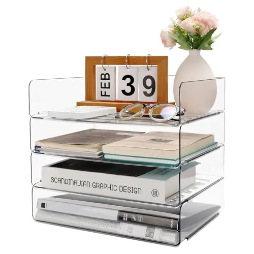 Aevcvok 4 Stück Transparente Briefablage, Ablagefächer Stapelbar, PET Dokumentenablage A4, Papierablage, Schreibtisch Organizer Ablage für Büro Office Schule Dokumente