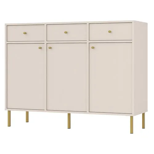 Selsey Oktio Sideboard 3-türig mit Schubladen, sandbeige - Moderne Kommode mit goldenen Metallfüßen und eleganten Griffen, ideal für stilvolle Wohnräume und optimalen Stauraum.