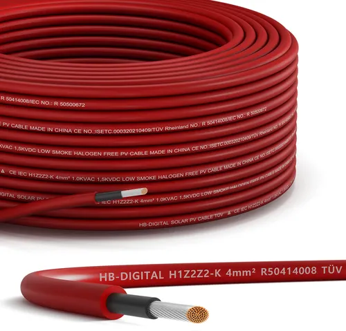 40m Solarkabel H1Z2Z2-K 4 mm² Photovoltaik Kabel für PV Anlagen rot