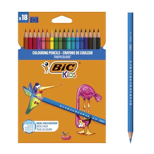 BIC Kids Buntstifte Set Tropicolors, zum Malen in 18 Farben, Malstifte im Karton Etui, ab 5 Jahre, Bruchsichere Mine & ohne Holz