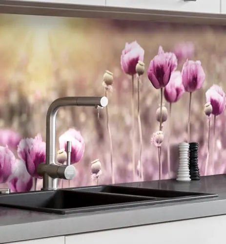 MyMaxxi Küchenrückwand Folie selbstklebend matt - einfache Montage ohne Bohren 0,4mm stark Versteift - Motiv Blume Lila 60cm hoch - Spritzschutz Küche Klebefolie -Pflanzen Natur Wiese 80 x 60cm