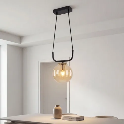 Pendelleuchte Metall E27 Schwarz Bernstein Modern - Moderne Pendelleuchte für stilvolle Innenräume. Ideal für Wohnzimmer, Schlafzimmer und mehr. Mit einem eleganten Kugelschirm aus Metall und Kunststoff sorgt sie für ein angenehmes Lichtambiente.