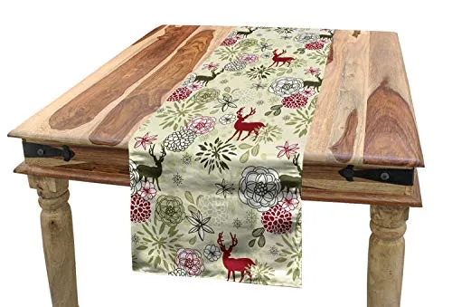 ABAKUHAUS Winter Tischläufer, Deer Blumen Weihnachten, Esszimmer Küche Rechteckiger Dekorativer Tischläufer, 40 x 225 cm, Olivgrün Hellgrün