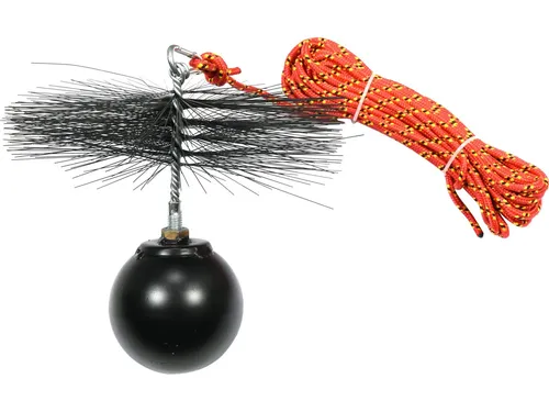 Kaminbesen Schornsteinbesen Set 10m, 250mm - Praktisches Set für die regelmäßige Reinigung von Schornsteinabzügen. Enthält Seil, Schornsteinfeger und eine 2,5 kg Reinigungs-Kugel für effektive Beseitigung von Verstopfungen.