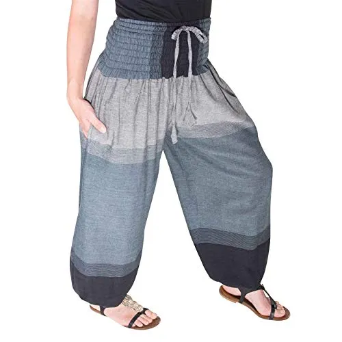 Kunst und Magie Unisex bunt one Size Boho Yoga Pumphose Sommerhose Pluderhose, Farbe:Schwarz/Grau, Größe:One Size