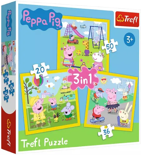 Trefl TR34849 Fröhlicher Tag Wutz - 3-Puzzle-Set für Kinder ab 3 Jahren, stimuliert Neugier und Vorstellungskraft mit leuchtenden Farben