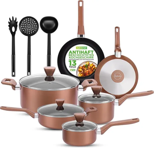 NutriChef Kochtopf Set 13-teilig – Antihaft Topfset für alle Kochfelder - Topf- & Pfannenset mit langlebiger Antihaftbeschichtung für gesundes Kochen und einfache Reinigung. Ergonomische Griffe und temperierte Glasdeckel bieten Komfort und Sicherheit.