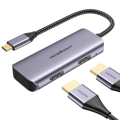 Newmight USB C auf Dual-HDMI-Adapter, Dual-Monitor-Adapter unterstützt 4K@60Hz und Dual 4K@30Hz, Dual-Monitor-HDMI-Splitter für MacBook, iPad, HP, Dell, iPhone 15/16 Serie (MST Wird unter macOS Nicht