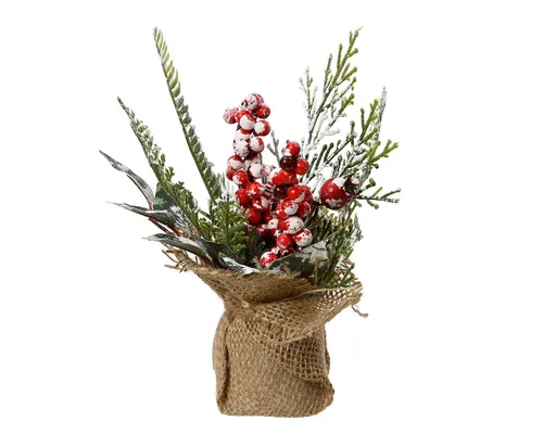 Gestecke, Kaemingk, Weihnachtsgesteck künstlich mit Zweigen und Beeren 20cm im Jutesack