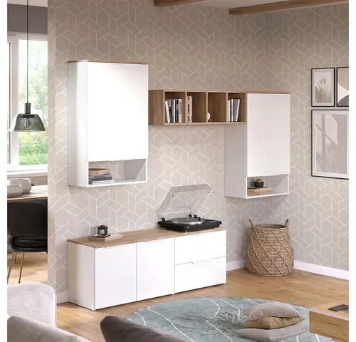 Vicco Wohnwand Wido Weiß Eiche 5 Teile - Wohnzimmerschränke mit stilvollem Design, viel Stauraum und flexibler Passform für jedes Zuhause.
