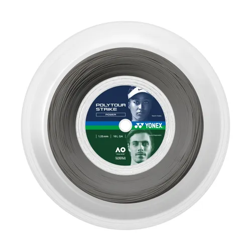 Yonex Poly Tour Strike Tennissaite 200m Rolle - Hochwertige Tennissaite für Offensivspieler, bietet Haltbarkeit und Kontrolle auch bei extremer Schlagbeanspruchung, Saitendicke 1.25mm, Farbe grau.