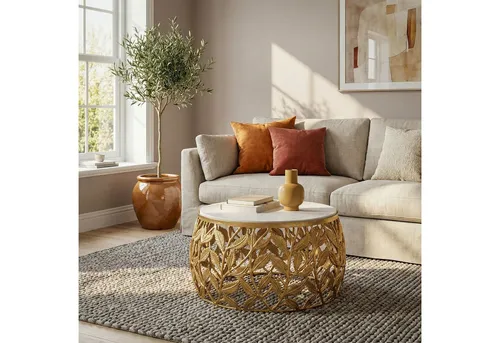 FINEBUY Couchtisch FB73715 – Runder Marmor Sofatisch in Gold - Eleganter Couchtisch mit edler Marmorplatte und kunstvollem Aluminiumgestell. Zeitloses Design vereint Natur und Luxus, ideal als Blickfang in jedem Wohnraum. Pflegeleichte Oberfläche für einfachen Gebrauch.