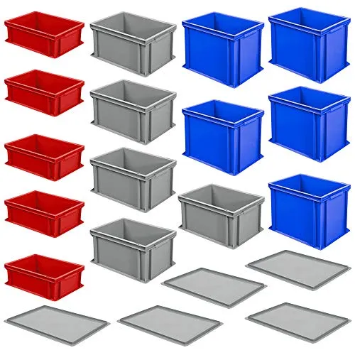 BRB 15x Stapelbox / Eurokästen in 3 Größen / 3 Farben LxB 400x300 mm, je 5x 170, 220, 320 mm hoch + 5x Auflagedeckel!